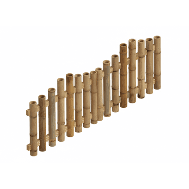 A decorative panel constructed from numerous vertical bamboo poles of varying heights, secured together by horizontal wooden slats. The poles exhibit natural color variations and are hollow at the top, arranged in an ascending pattern. — 3D model (AI enhanced source)