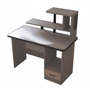 A modern computer desk featuring a rectangular work surface, an integrated hutch with multiple shelves, and a storage pedestal with one drawer and an open cubby. — 3D model (AI enhanced source)