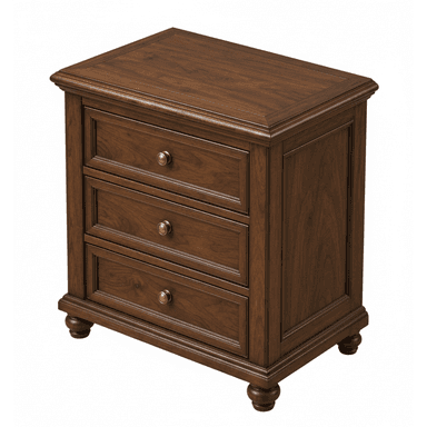 A dark cherry wood nightstand with three drawers, brass knob pulls, classic molding details, and turned bun feet, suitable for a traditional bedroom setting. — 3D model (AI enhanced source)