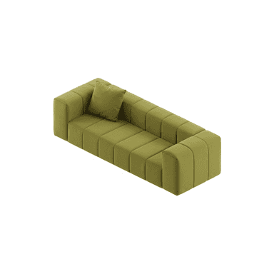 A long, low, rectangular furniture piece, upholstered in an olive green velvet-like fabric. It features consistent vertical channel tufting across its entire visible surface, including the deep seating area and all side panels. The piece has a sleek, block-like form, appearing to sit directly on the floor with no visible legs. A single matching square throw pillow is included, positioned on one end of the daybed. — 3D model (AI enhanced source)