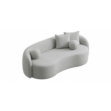 A contemporary, light gray boucle upholstered chaise lounge featuring a distinctive serpentine, curved silhouette. It has an integrated backrest and armrest on one side, flowing seamlessly into the base. The chaise comes with three matching boucle cushions: two square throw pillows and one spherical pillow, enhancing its soft and inviting aesthetic. — 3D model (AI enhanced source)