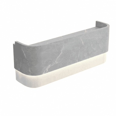 A modern, minimalist reception counter featuring a curved design. The upper section is made of a grey marble-effect composite material with subtle white veining. The lower section is fluted and appears to be backlit, casting a soft glow along the horizontal seam between the two sections. The counter has rounded edges and a low return on one end. — 3D model (AI enhanced source)