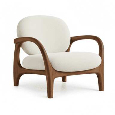 An Organic Modern style lounge chair featuring a gracefully curved solid walnut wood frame and plush, rounded cushions upholstered in off-white bouclé fabric. The wooden frame forms integrated armrests and sturdy legs, emphasizing fluid lines and natural materials. — 3D model (AI enhanced source)