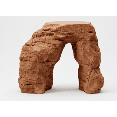 A sculptural accent table designed to resemble a natural rock formation, featuring a distinctive arched structure in a reddish-brown, terracotta hue. The surface is textured to mimic rough, layered stone, with a flat, smooth top suitable for holding objects. — 3D model (AI enhanced source)