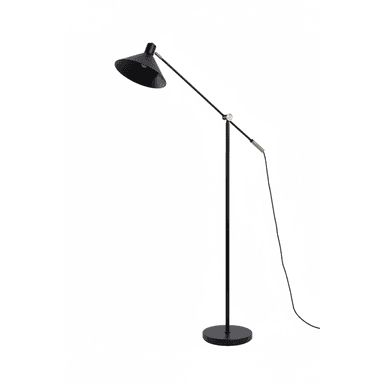 A sleek, modern floor lamp featuring a matte black finish and brass accents. It has an articulated arm for adjustable lighting direction and a conical shade. — 3D model (AI enhanced source)