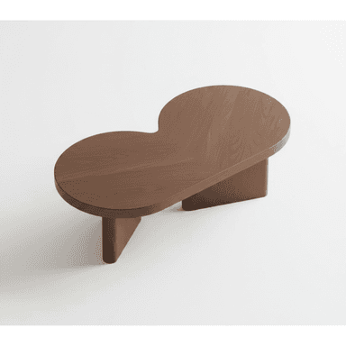A modern coffee table with an organic, asymmetrical top and a minimalist base. The tabletop features a distinctive curvilinear shape, resembling two overlapping lobes. It is supported by two angled leg structures that are integrated into the overall design. — 3D model (AI enhanced source)