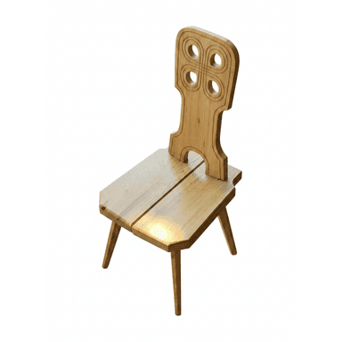 A light-toned solid wood chair featuring a distinctive high backrest with carved geometric patterns and a flat, two-plank seat supported by four splayed, tapered legs. The design has a clear rustic or folk art aesthetic. — 3D model (AI enhanced source)