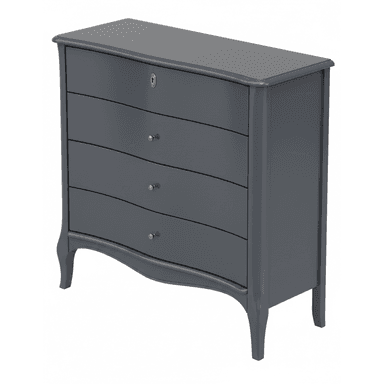 A dark grey chest of drawers featuring a serpentine front and four drawers. The top drawer includes a decorative brass key escutcheon. Each drawer is fitted with a single brass knob pull. The piece stands on four subtly curved cabriole-style legs, with a scalloped apron connecting the front legs. The top surface is flat with a gently rounded edge. The overall finish is a smooth, matte dark grey lacquer. — 3D model (AI enhanced source)