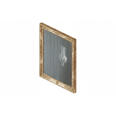 A rectangular wall mirror featuring an ornate, distressed gilded frame. The frame has prominent decorative carvings along its edges, with a cream-colored base showing through the aged gold finish. The mirror surface reflects what appears to be a crystal chandelier and a grey panelled wall, indicating its reflective quality. — 3D model (AI enhanced source)