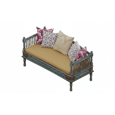 A daybed featuring a sturdy carved wooden frame with a distressed teal and brown finish. It is outfitted with a thick, mustard-yellow upholstered mattress and an assortment of decorative patterned throw pillows in shades of fuchsia, cream, and yellow. — 3D model (AI enhanced source)