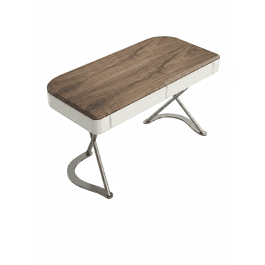 A modern bench featuring a rounded rectangular walnut wood top, a white leather-upholstered perimeter, and unique X-shaped metal legs with curved feet. The design combines natural wood textures with smooth leather and sleek metal. — 3D model (AI enhanced source)