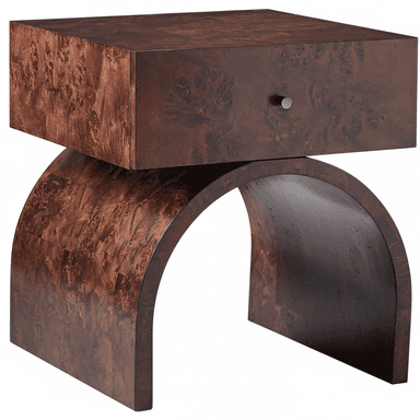 A compact, rectangular nightstand or accent table featuring a distinctive dark brown burl wood veneer. It has a single, floating drawer compartment on top with a small, cylindrical metal pull. The base consists of two large, arched or C-shaped supports, also finished in burl wood, creating an open, sculptural element beneath the drawer. — 3D model (AI enhanced source)