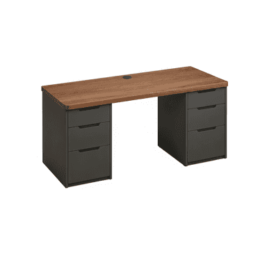 A modern executive desk featuring a brown wooden top and two dark gray drawer pedestals with integrated pulls and a cable management grommet. — 3D model (AI enhanced source)