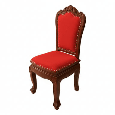 An ornate side chair featuring a dark-stained carved wooden frame and rich red upholstery. The chair's backrest has a high, decorative crest rail with intricate floral and scroll carvings, characteristic of Baroque or Rococo styles. Both the seat and the back are upholstered in a textured red fabric, outlined with a continuous line of brass or gold-toned nailhead trim. The chair stands on gracefully curved cabriole legs, terminating in carved feet, and the front apron also exhibits subtle carving. — 3D model (AI enhanced source)