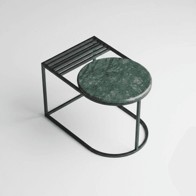 A modern accent table featuring an asymmetrical black powder-coated metal frame, one round green marble tabletop, and one rectangular slatted black metal surface. The design is geometric and minimalist, with a striking material contrast. — 3D model (AI enhanced source)