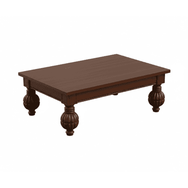 A traditional rectangular coffee table crafted from dark wood, featuring a robust tabletop and four intricately carved, fluted turned legs. — 3D model (AI enhanced source)