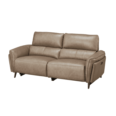A contemporary two-seater reclining sofa upholstered in taupe-colored leather, featuring plush segmented backrests, padded armrests, and exposed dark metal legs. — 3D model (AI enhanced source)