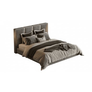 A modern platform bed featuring a tall, paneled upholstered headboard with integrated vertical strip lighting and gold-toned metal accents. The low-profile bed base is also upholstered in a matching dark gray fabric, creating a cohesive and contemporary design. — 3D model (AI enhanced source)