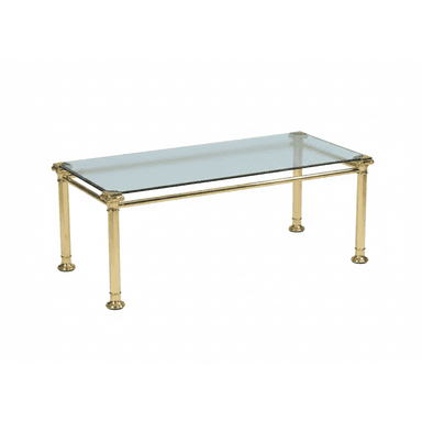 A rectangular coffee table featuring a polished brass tubular frame and a smoked glass top. The design incorporates classical elements such as columnar legs with fluted details and decorative corner finials. — 3D model (AI enhanced source)