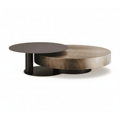 A contemporary coffee table featuring an innovative two-tiered, overlapping circular design. The larger lower tier is finished in brushed brass, while the smaller, elevated upper tier is a dark matte gray-brown, supported by a thick cylindrical black pedestal. Both tiers rest on low-profile black circular bases. — 3D model (AI enhanced source)
