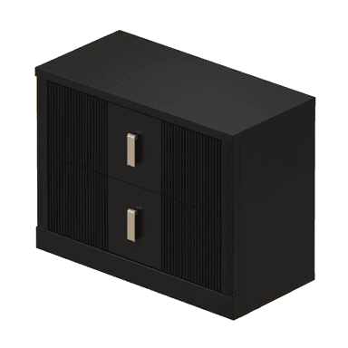 A modern black nightstand featuring two central drawers with brass pulls, flanked by fluted panels on either side. — 3D model (AI enhanced source)