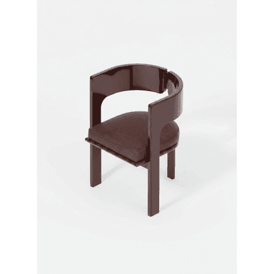 A striking postmodern armchair featuring a continuous, curved armrest and backrest in a high-gloss dark brown lacquered wood, complemented by a padded square seat upholstered in deep brown leather. — 3D model (AI enhanced source)