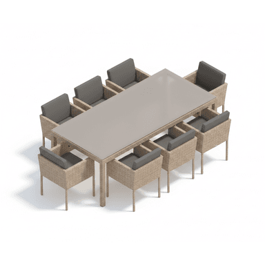 A complete outdoor dining set featuring a rectangular table with a smooth, light-colored top (likely glass or composite) and a woven base, accompanied by eight matching armchairs. The chairs have woven exteriors and dark grey seat and back cushions. — 3D model (AI enhanced source)