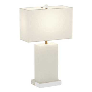 A modern table lamp with a rectangular shade and a rectangular base. The base of the lamp is translucent white and sits on a clear acrylic block base. The shade is made of a white fabric. — 3D model (AI enhanced source)