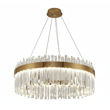 A modern circular chandelier featuring a polished brass frame that encases multiple tiers of clear, faceted crystal rods. The light source is positioned behind the crystals, creating a sparkling, diffused illumination. It is suspended from the ceiling by thin cables attached to a circular brass canopy. — 3D model (AI enhanced source)