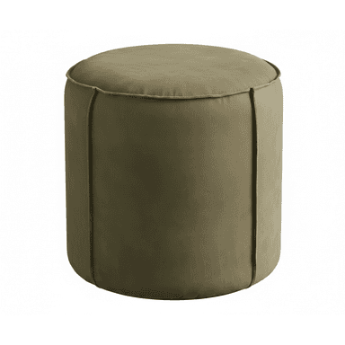 A low, cylindrical upholstered pouf in a muted olive green fabric with distinctive vertical seam details and a piped edge. — 3D model (AI enhanced source)