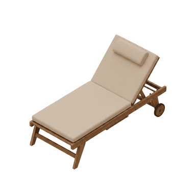 An outdoor chaise lounge made of wood with cream-colored cushions and wheels for portability. The backrest is adjustable, and it includes a headrest cushion. — 3D model (AI enhanced source)