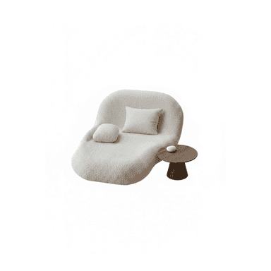 An off-white, irregularly shaped chaise lounge upholstered in bouclé fabric, accompanied by a small, dark wood pedestal side table. — 3D model (AI enhanced source)