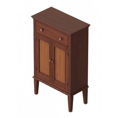 A small, traditional wooden cabinet featuring a single drawer at the top and two cabinet doors below. The cabinet is constructed from a dark reddish-brown wood, with the door panels showcasing a contrasting lighter, yellowish-brown wood. It stands on four tapered square legs and is equipped with classic metal knob hardware. — 3D model (AI enhanced source)