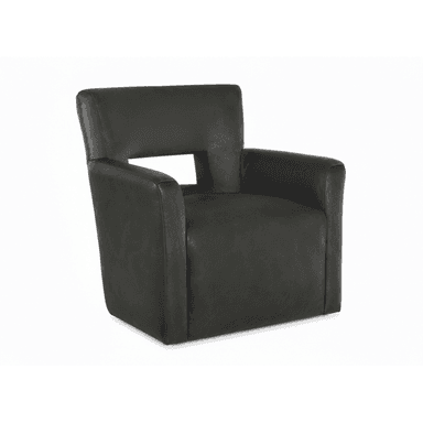 A modern, dark charcoal gray upholstered accent armchair featuring a distinctive rectangular cut-out integrated into its backrest. The chair has integrated armrests and a compact, boxy silhouette. — 3D model (AI enhanced source)
