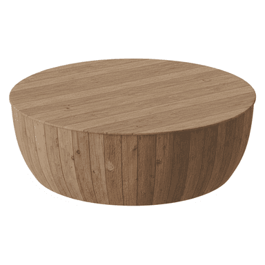 A low-profile, circular coffee table constructed entirely from natural wood slats. The tabletop is flat and composed of horizontal slats, while the body forms a curved, drum-like shape from vertical slats. The wood displays a light to medium brown tone with visible grain and knots. — 3D model (AI enhanced source)