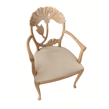 An elegant carved wood armchair featuring an intricately designed backrest with botanical or shell-like motifs, upholstered seat, and curved legs. The frame is light-toned wood, and the upholstery is a neutral beige fabric. — 3D model (AI enhanced source)