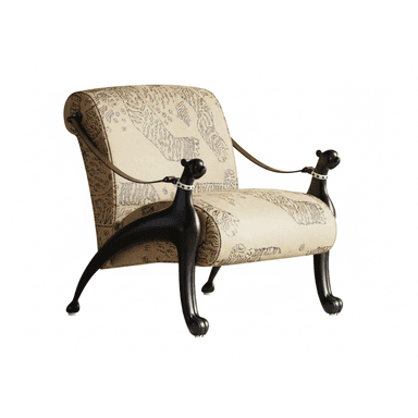 An ornate armchair featuring a padded seat and backrest upholstered in a light-colored fabric with a detailed animal-themed pattern. The armrests are sculpted from dark-lacquered wood into the shape of seated animal figures with collars, connected to the backrest by brown leather straps. The chair stands on four dark-lacquered wooden legs with an organic, paw-like design. — 3D model (AI enhanced source)