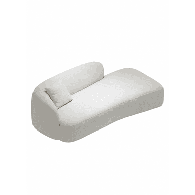 An asymmetrical upholstered chaise lounge in a cream-colored textured fabric, featuring a single integrated armrest/backrest and a curved, elongated form for reclining. — 3D model (AI enhanced source)