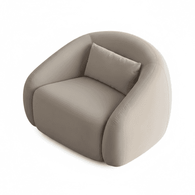 A modern, round club chair, fully upholstered in a light beige fabric, featuring a deep seat and integrated, enveloping armrests and backrest. A small rectangular lumbar pillow in the same fabric is included for added comfort. The chair has a sleek, minimalist design with no visible legs, giving it a monolithic appearance. — 3D model (AI enhanced source)