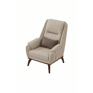 A modern upholstered armchair featuring a beige textured fabric, a high back, and integrated armrests. It is supported by four dark brown tapered wooden legs. A small rectangular grey cushion is positioned on the seat back for additional lumbar support. — 3D model (AI enhanced source)