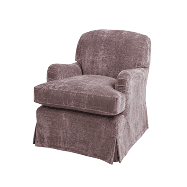 A single upholstered armchair featuring a plush design, rolled arms, and a full skirted base, covered in a textured mauve crushed velvet fabric. — 3D model (AI enhanced source)