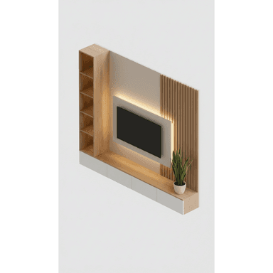 A modern wall-mounted media console system featuring a light wood finish and white elements. It includes a central section for a television, framed by a backlit panel and a decorative slatted wood panel. To the left, a tall, narrow bookshelf provides open storage, while below the TV, a long, floating base unit offers closed storage drawers. The overall design is minimalist and integrated, blending seamlessly with the wall. — 3D model (AI enhanced source)