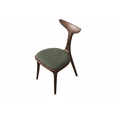 A modern dining chair with a curved wooden frame and a padded seat. The chair features a distinctive, wing-shaped backrest that extends upwards and outwards. The seat is upholstered in a dark green fabric, contrasting with the rich, dark wood of the frame. — 3D model (AI enhanced source)