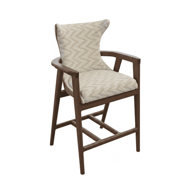 A contemporary counter-height armchair featuring a dark wood frame and fully upholstered seat and back. The upholstery showcases a distinctive beige zig-zag pattern. — 3D model (AI enhanced source)