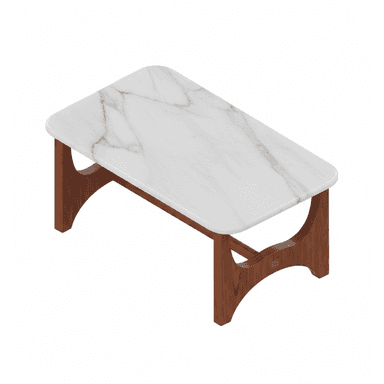 A rectangular coffee table featuring a polished white marble top with subtle grey veining. The base consists of two substantial, curved wooden supports, connected by a central, recessed wooden stretcher. The corners of the marble top are gently rounded, contributing to a refined and modern aesthetic. — 3D model (AI enhanced source)