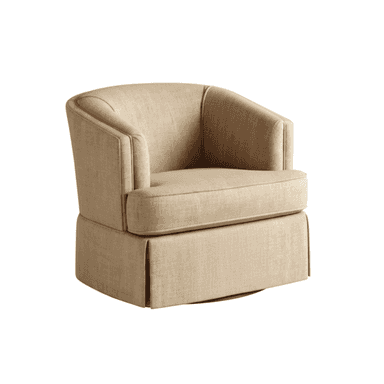 A contemporary upholstered barrel-back swivel armchair featuring a rounded silhouette and a light-colored woven fabric, supported by a discreet skirted base concealing the swivel mechanism. — 3D model (AI enhanced source)