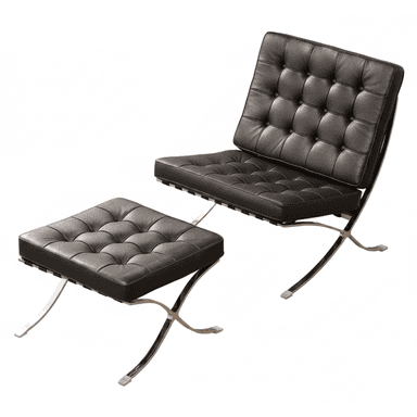 An iconic Mid-Century Modern lounge chair and its matching ottoman, known as the Barcelona Chair and Ottoman. It features a polished chrome-plated flat steel frame with a distinctive X-shaped base and generously proportioned, deeply tufted black leather cushions. — 3D model (AI enhanced source)