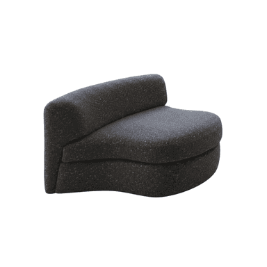 An asymmetrical, upholstered modular lounge chair designed for contemporary spaces. It features a deep, low-profile seat and a single curved backrest that seamlessly integrates into one armrest, creating an organic and inviting form. The chair is fully upholstered in a dark, textured fabric with subtle speckles, contributing to its modern aesthetic. — 3D model (AI enhanced source)