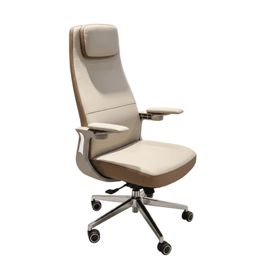 A modern executive office chair upholstered in a two-tone scheme of cream and brown. It features a high back with an integrated headrest, padded adjustable armrests, and a polished metal five-star base equipped with casters for mobility. The chair exhibits an ergonomic design suitable for prolonged use. — 3D model (AI enhanced source)