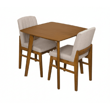 A compact dining set consisting of a square wooden table and two upholstered dining chairs. The table features a medium brown finish and subtly tapered legs. The chairs have matching wooden frames with a light-colored, possibly linen or boucle, fabric upholstery on both the seat and the backrest. The chair backs feature subtle channel tufting. — 3D model (AI enhanced source)